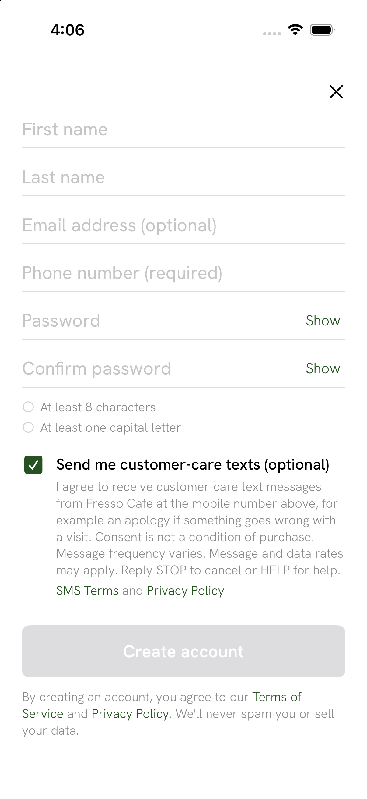 The same Create your account screen after the customer has tapped the SMS consent checkbox